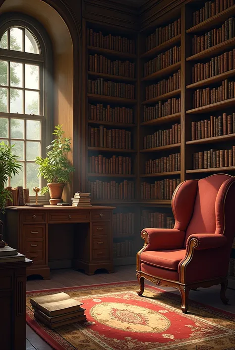 A room with bookcases all over the wall and an old notebook on the floor
