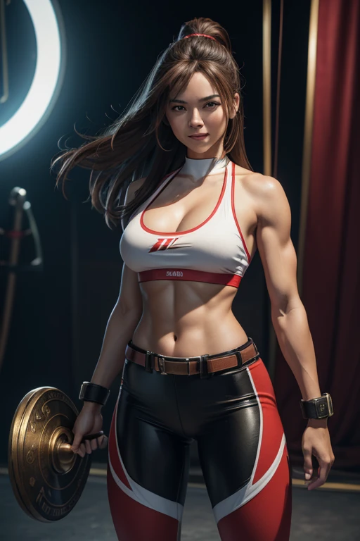 8k,Light Brown Hair long Hair,Super beautiful and Cute Japanese 1 girl, big and full breasts,big smile,Super beautiful(Like the real thing)black and red sportina outfit,black and red sporty pants,　sexly,deviantart artstation cgscosiety, 3Dレンダリングcharacter a...