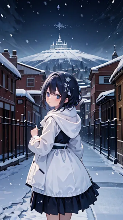 best quality,(Snowing Town:1.2), high quality, ultra quality, 8k, masterpiece, detailed, extremely detailed, insanely detailed, ultra detailed, ultra highres ,exquisite, Snow Scenery, A woman is looking back,