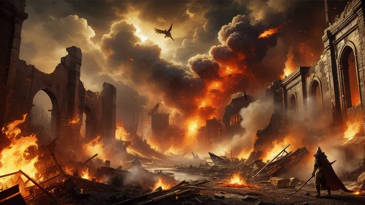 a fierce battlefield engulfed in swirling flames, with crumbling walls and debris scattered across the scene. the sky is dark wi...