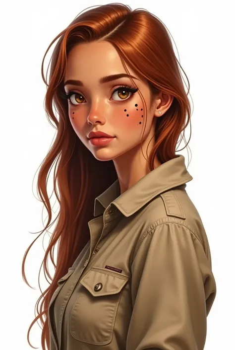 Create a hyper-realistic illustration of a young woman, skin tanned, marked dashes, eyes browns, and long hair, well combed back and coppery brown color, safari outfit, white background, character sheet