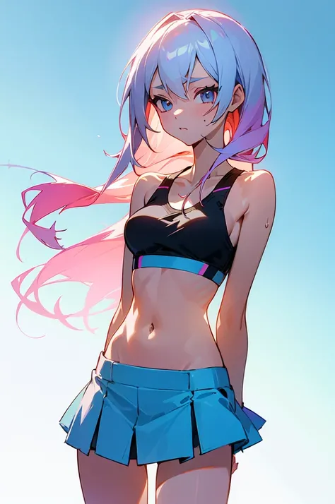 (high resolution illustration), [standing picture, upper body, close-up of girl:0.6], slim body, perfect body, mini skirt, sports bra, gradient background, anime character, (cute girl:1.1), sexy