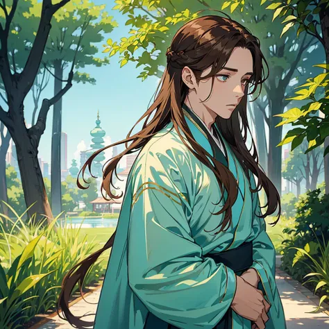 man with long brown hair dressed in a light turquoise hanfu stands in a serene garden. His gold-shine eyes sparkle gently. He looks fragile, thin, and delicate. His face is calm and peaceful, radiating a sense of tranquility. face in profile, looking up. 