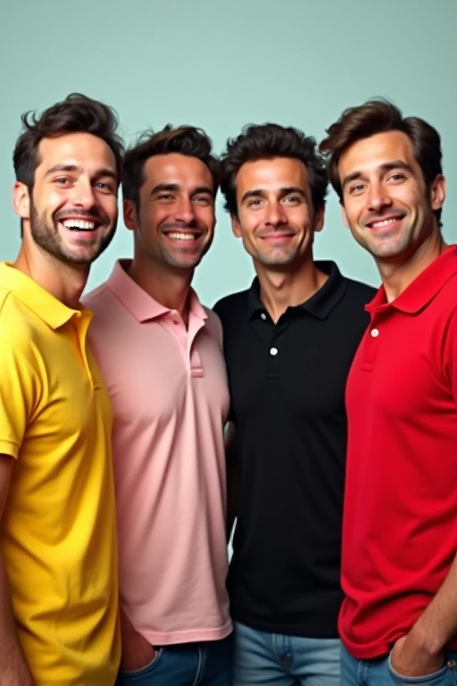 A group of four men with the same face. The one in yellow is smiling. The one in pink is winking. The one in black has a straight face. The one in red has a cheeky look.
