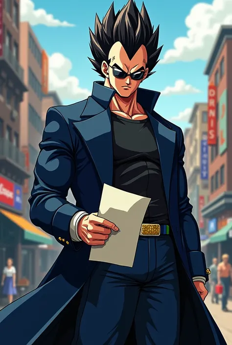 "a detailed artwork by Vegeta in an overcoat and a black shirt wearing sunglasses over his face with a serious expression, Dragon ball z, 4K, 8k, FULL HD, Corps entier, Dragon Ball Art Style, Hyperrealistic drawing style, Clean and detailed anime art, city...