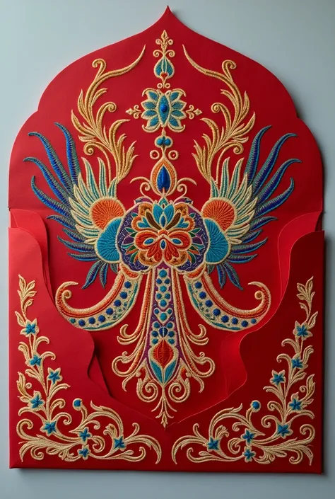 create an embroidered envelope for Pakistani wedding, should be colourful and aesthetic, targeting royal weddings, used for giving money so size should be 3 inch heighy and 7 inch length. Should be modern and design shoild be only front flat surface. can b...