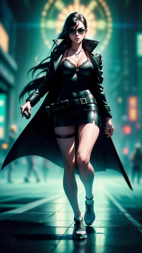 cyberpunk-style city with a nocturnal vibe with Matrix-like aesthetic references, glowing huge clock tower as time machine, green glowing cascading code. At night, (1girl, solo, alone), photorealistic, medium-breast slim:0.6 body, oval:0.5 face, cleavage:1...