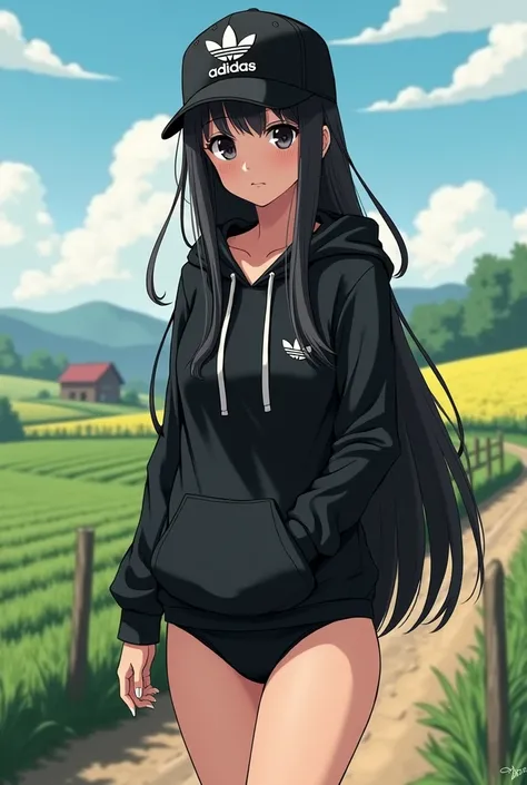 Sexy tall anime girl, long black hair, black eyes, barefoot, wear black adidas cap, wear black adidas hood, wear black panties, background is farm