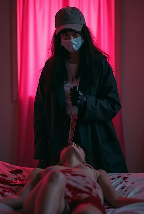 korean girl, (behind stiff, holding knife), stabbing, surgical mask, black gloves, black raincoat, trucker hat, bloody knife, black gloves, woman on top, behind cadaver, blood splatter, on the bed, looking at viewer, long bangs, mass murderer, killer, bloo...