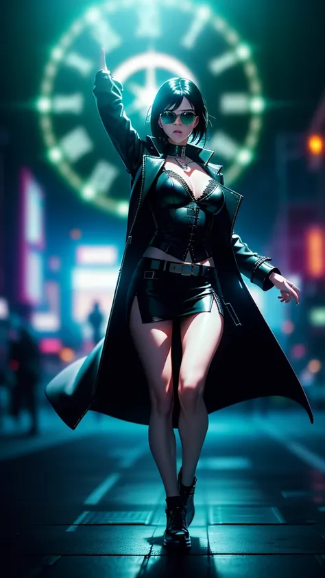 cyberpunk-style city with a nocturnal vibe with Matrix-like aesthetic references, glowing huge clock tower as time machine, green glowing cascading code. At night, (1girl, solo, alone), photorealistic, medium-breast slim:0.6 body, oval:0.5 face, cleavage:1...