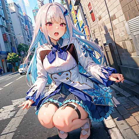 Highest quality, High resolution,(Ahegao),blush,, lh1, hair ornamnet, long hair, long sleeves, pleated skirt, blue thighhighs, 手链, frilled skirt, white jacket, white shirt, blue skirt, thigh strap,(Anatomically correct), Saliva stringing, Character portrai...