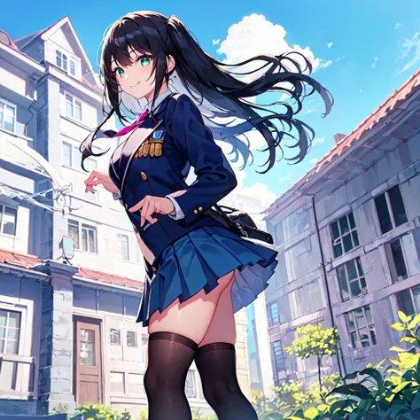 masterpiece, best quality, high quality, extremely detailed, very delicate and beautiful, (1female 1 adult solo:1.5), (long black hair with two side up:1.5), bangs to eyebrows, eyes sharp and bright (eye color magenta:1.3), 6.5 head height, (clothes navy b...