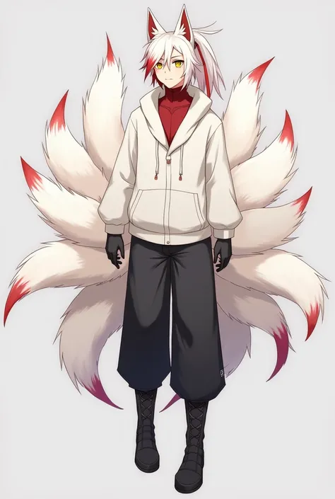 A male Kitsune character with half white and half red hair., with a ponytail, with the hair covering the eye a little on the left side, yellow  eyes, eyes large, humanoid, with ears and nine tails, all of them white with red tips, o nome dele é Kito Kaiiat...