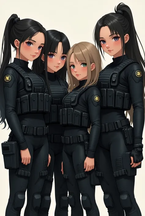 Create a group of 4 young girls, all over 2, different from each other, beautiful, thin, each dressed in a well-equipped black combat suit 