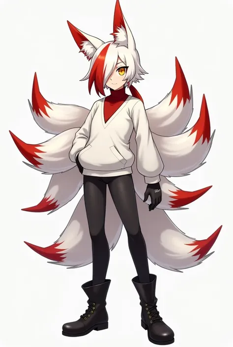 A male Kitsune character with half white and half red hair., with a ponytail, with the hair covering the eye a little on the left side, yellow  eyes, eyes large, humanoid, with ears and nine tails, all of them white with red tips, o nome dele é Kito Kaiiat...