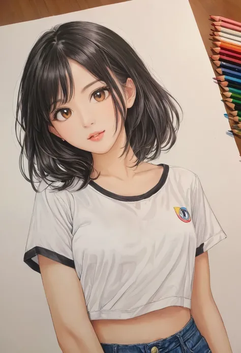  female，crop shirt，white，Art，colour pencil drawing，draft drawing 