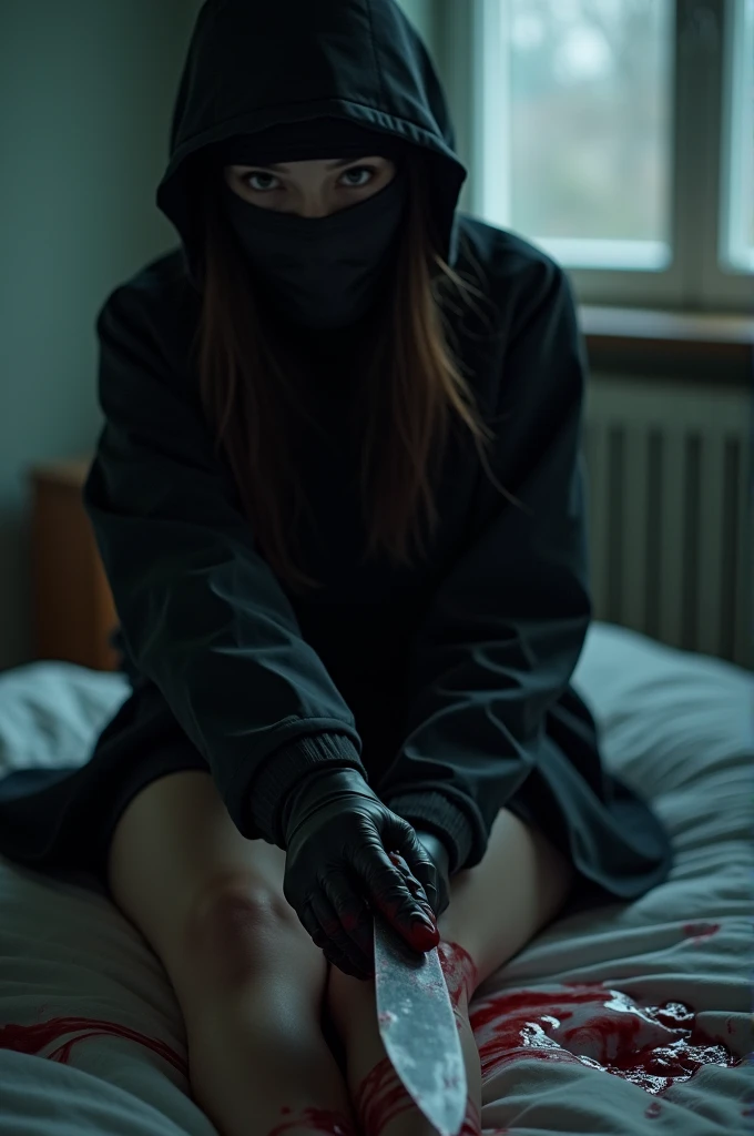 korean girl, (behind stiff, holding knife), stabbing, leather balaclava mask, black gloves, girls room, black raincoat, hood up, bloody knife, black gloves, woman on top, behind cadaver, blood splatter, on the bed, looking at viewer, girl only, mass murder...