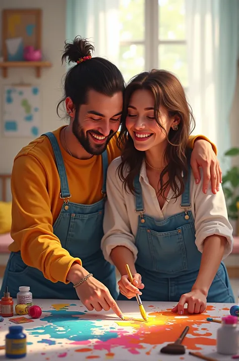 Painting Together: The couple painting a wall or creating art together, with playful splashes of paint on their clothes, showing their fun and collaborative spirit.