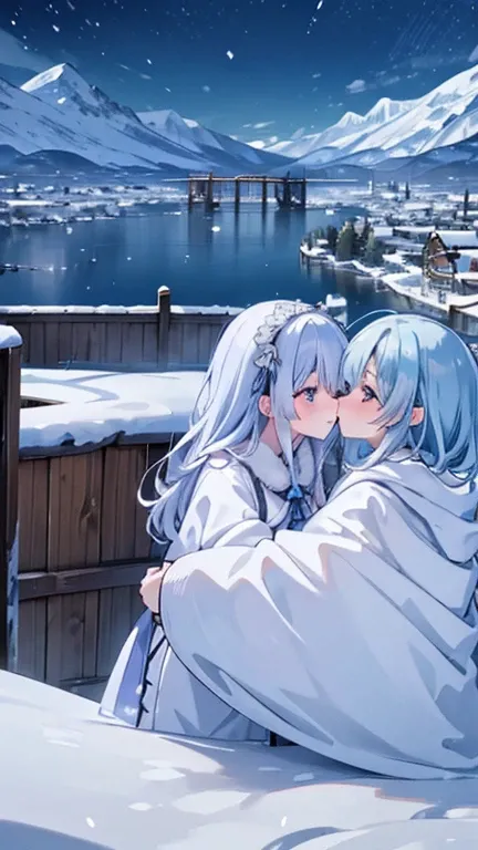 best quality, high quality, ultra quality, 8k, masterpiece, detailed, extremely detailed, insanely detailed, ultra detailed, ultra highres ,exquisite, Snow Scenery,(Snowing Town:1.2), (Two women kissing)