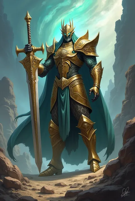 A elden lord with metal armour holding a huge sword