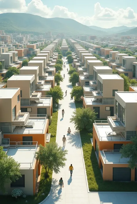 A utopian world in which technology is very advanced , The houses all look the same and the people very happy 