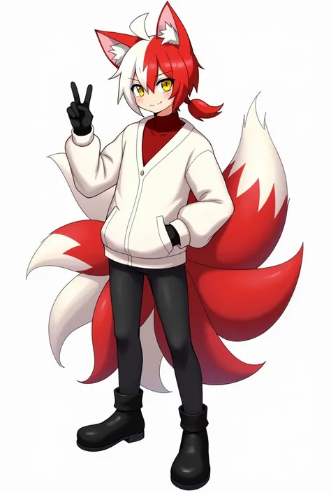 A teenage male Kitsune character with half white and half red hair., with a half white and half red ponytail, with the hair covering the eye a little on the left side, yellow  eyes, eyes large, humanoid, with ears and nine tails with red tips and white tai...