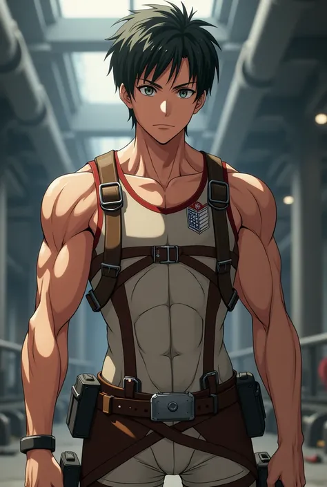 A muscular teenager in the Attack on Titan recon uniform, tightly fitting his body, highlighting every part. .