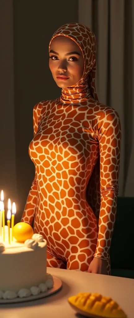 The most beautiful,most slender thin and most clever malaysian and asian muslimah adult feamle person with beautiful cheeks wears giraffe print lycra turtleneck unitard catsuit covered with spots and always wearing giraffe print lycra elastane stretchy dan...