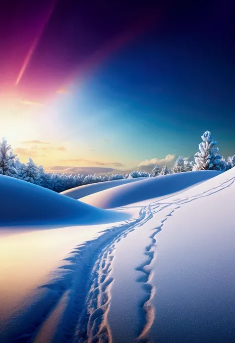 (Snow Scenery), vibrant, futuristic image with vivid colors, featuring, Incorporate bright, dynamic lighting and clear, innovative elements for a sense of advanced technology and optimism. Beautiful cinematic lighting, surreal, color graded, dynamic moveme...