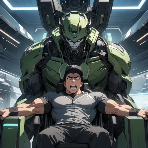 masterpiece, best quality, 8K, ultra res, extremely detailed,, Futuristic laboratory. Anime illustration style. A male baseball player is sitting in a mechanical chair and being brainwashed. A wild-looking man. Muscular. Black baseball uniform. A bold face...