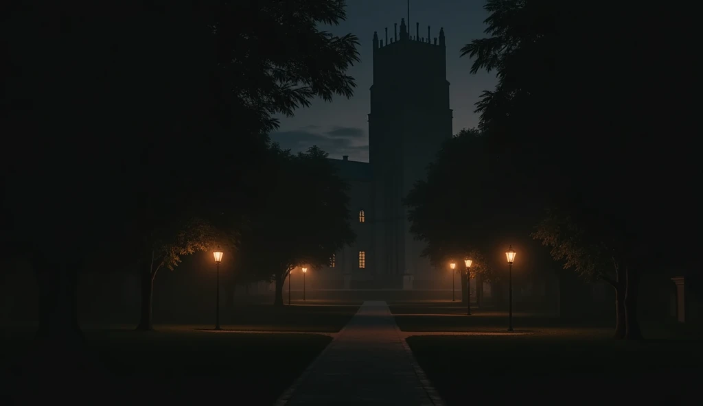 A quiet, dimly lit university campus at night, with the main building shrouded in shadows. The air is filled with the soft glow of street lamps and the faint scent of old books.