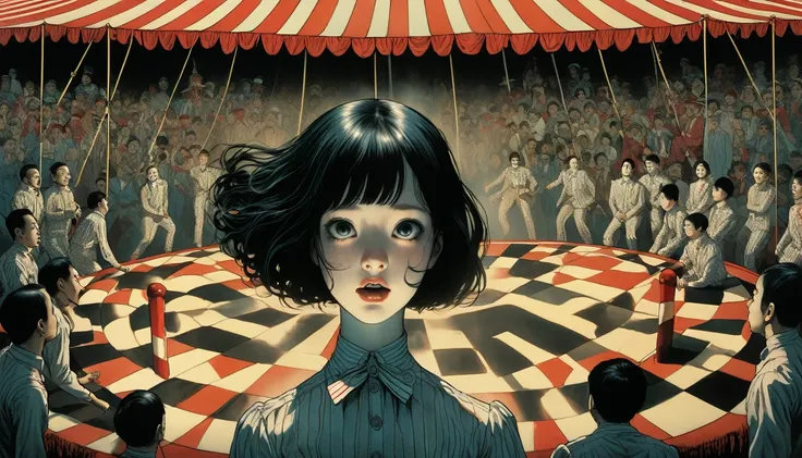 An illustration、art、Supervised by Junji Ito、Overaction、Overreaction、Pretending to be scared、Attention to detail, Realistic shadows、Analog Style, chromatic aberration, Surrealism、Circus