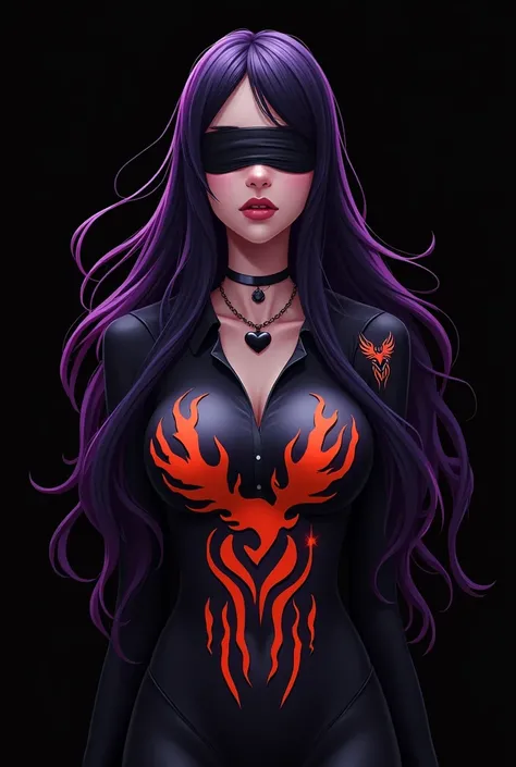 A stylized female character with long black hair and a purple highlight, wearing a blindfold. She has a choker with a heart pendant and a fitted top featuring a fiery design and a logo resembling a bird. The background is solid black, emphasizing her strik...