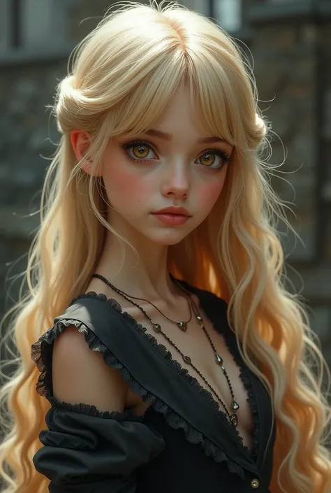 A girl extremely beautyfull her face(heart shaped delicate and extremely beautyfull , round eyes with long lashes in a ambar color, her lips in a pink shade a clean and pale skin ) her hair (long on the waist and blonde she have bangs and in the final of h...