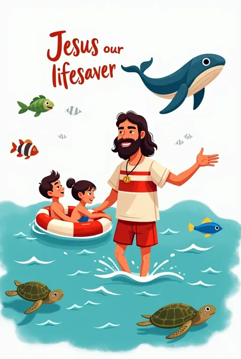 Make the cartoon art I want Jesus dressed as a lifeguard in the sea, with 2 children on a float.
Place turtles, fish and whale I want a white background Put the phrases : Jesus our lifesaver