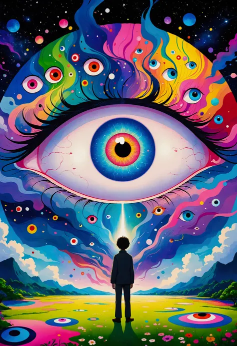 The painting shows a man standing in front of a colorful eye, Illustration of Murakami Chemical, pixiv, Concept Art, Fantasy psychedelic anime, Color illustrations, Psychedelic illustration, Look into my eyes, Blurred dreamy illustration, human eyes, Blurr...