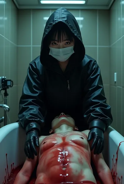 korean girl, (behind stiff, holding knife), surgical mask, black leather gloves, bath room, black raincoat, hood up, holding knife, leather gloves, woman on top, behind cadaver, looking at viewer, blood splatter, night, mass murderer, killer, short hair, b...