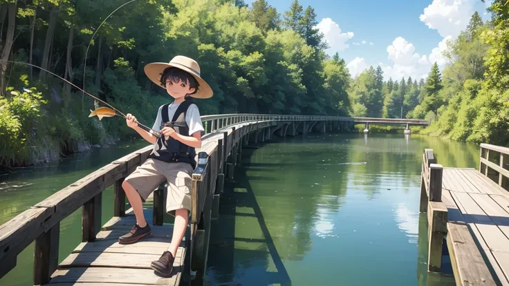 good-natured boy in a hat, sits on a wooden bridge, catches fish, hat, boy on the bridge, catches fish