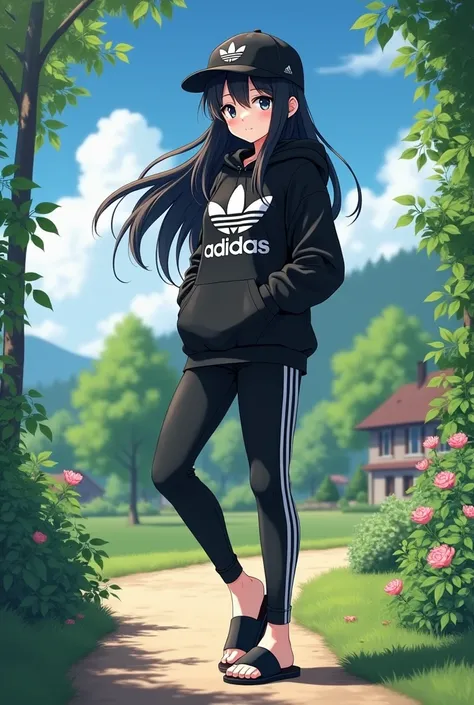 Sexy anime girl, black hair, wear black adidas slippers, black eyes, barefoot, wear black adidas cap, wear black adidas hood, wear black adidas leggings, background is countryside