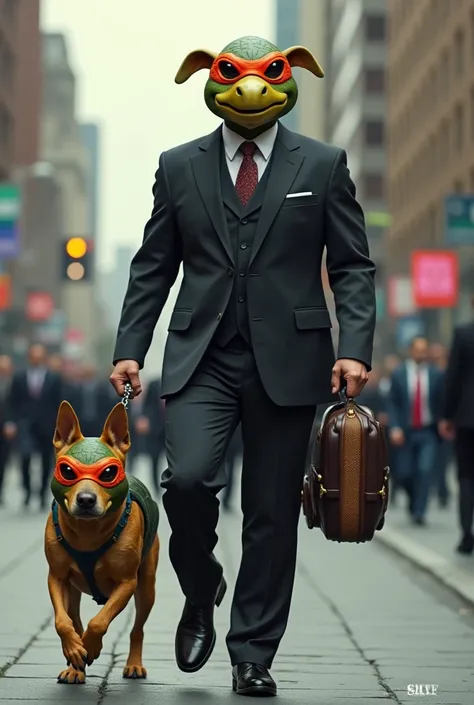 A person in a suit with a GTA turtle mask walking a dog wearing a pogo mask
