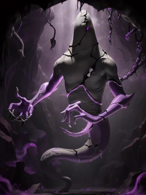 ghostfreak , full body, purple mana, purple shadows, purple smoke dark background, bright character, creepy monster, cave, maste...