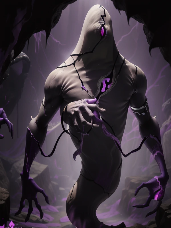 ghostfreak , full body, purple mana, purple shadows, purple smoke dark background, bright character, creepy monster, cave, maste...