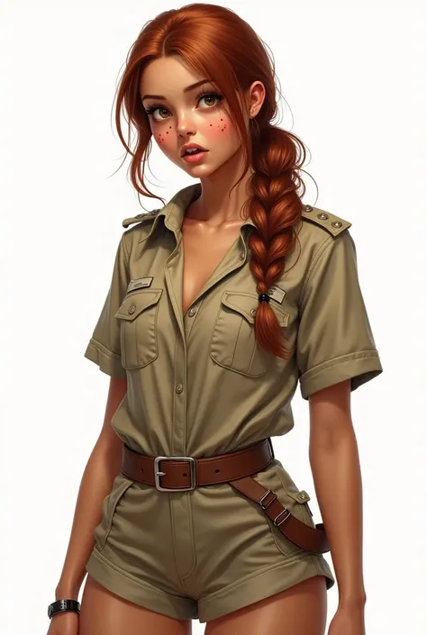 Create a hyper-realistic illustration of a young woman, skin tanned, marked dashes, eyes browns, and long hair, well combed back and coppery brown color, safari outfit, white background, fully body, no freckles, scared