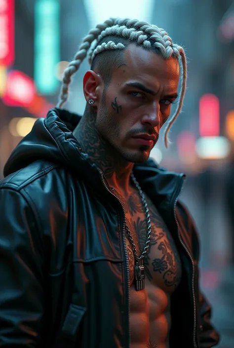 "Dark theme :: Closeup of face, Ultra realistic GTA V muscular tattooed male with piercings and white hair (cornrows) seated :: cyberpunk way (grey eyes) :: cool cyber punk jacket neon eyes :: shirtless:: dark thesis :: natural lighting :: bokeh :: 8k :: B...