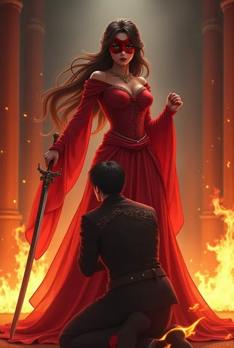 Red Princess, the brunette handsome short haired prince and both of them should be MASKED, Let fire spread around them and the princess will have a sword in her hand and will look at the prince with anger, Let them wear masks, let them be in trouble, set t...