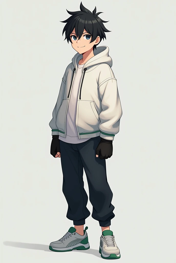 A male teenage character with short, long, black hair that sticks up a bit with a long fringe between his eyes., navy blue eyes, happy, Jaketa White jacket, black pants, white sneakers with green, and with black gloves.