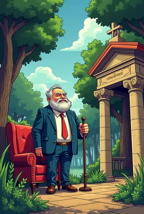 Lets create a cartoon about a historical park in Bulgaria, where the boss has an obsession with grandeur and his subordinates are ready to die for him, regardless of the fact that he manipulates them financially by taking their money, lying to them about h...