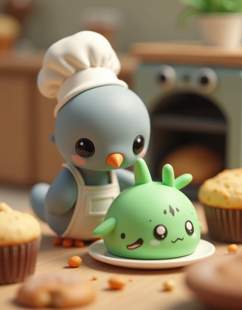 (Green hairless blow fish cupcake), Cute miniature「Gray color」A little dove is dressed as a chef and baking a green blow fish cake in the oven.. biscuit, Cupcakes in the background.