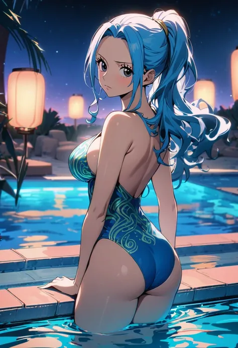 1girl, nefertari vivi, one piece,blue long hair,All back hair,ponytail, twist pattern swimwear,vast night pool in the desert,neon light,floating lamps in the pool,masterpiece, best quality, absurdres
