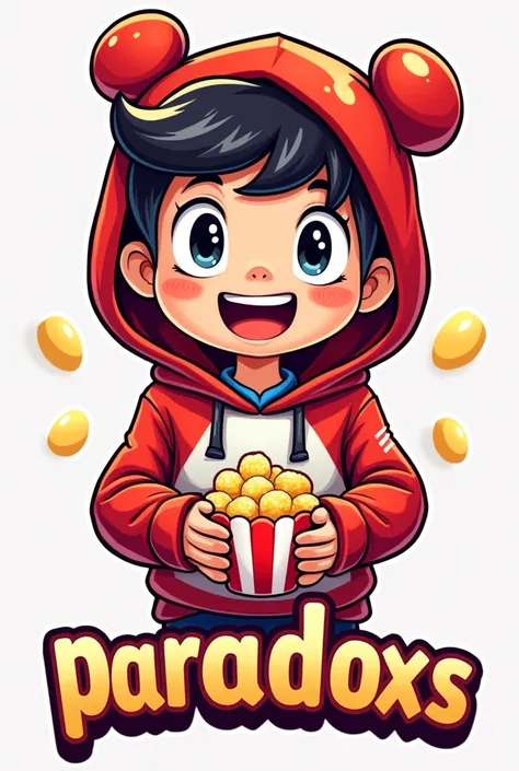 Create a mascot logo where the mascot is a gamer boy wearing a red and white hoodie with a popcorn design and underneath the letters of "PARADOXS"